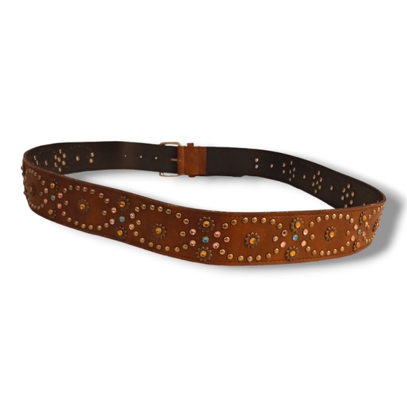 Plus Size Woman's Brown Leather Belt Jeweled Flowers Western Bling 56 inches - Picture 3 of 3